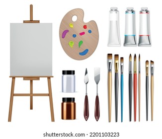 Artist tools oil paint realistic set with isolated images of paint brushes palette and drawing easel vector illustration