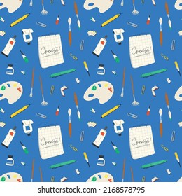 Artist tools on blue background. Seamless pattern.