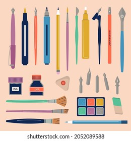 Artist tools. Pen brushes pencils markers liquid paint for craft calligraphic works professional stationery kit writers recent vector flat illustrations collection