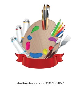 Artist tools realistic emblem with composition of red ribbon classic wooden palette brushes pencils and paint vector illustration