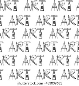 Artist tools seamless pattern background.Vector hand drawn doodle artistic supplies in word art.Lettering,calligraphy design,tools,equipment. Illustration.Goods for artists shop,salon, studio template