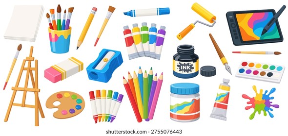 Artist Tools Set Paint Brushes Pencils Markers Palette Easel Ink Bottle Canvas Creative Art Supplies Collection