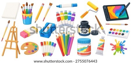 Artist Tools Set Paint Brushes Pencils Markers Palette Easel Ink Bottle Canvas Creative Art Supplies Collection