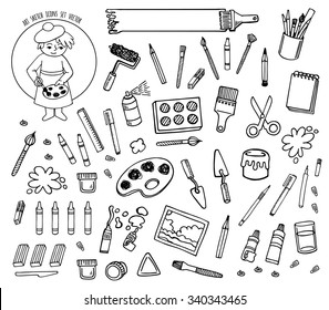 Artist tools sketch hand drawn set vector white and black desing. Art background.