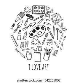 Artist Tools Sketch Hand Drawn Set Vector White And Black In Circle Desing