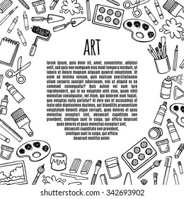 Artist tools sketch hand drawn frame white and black vector. Art background.
