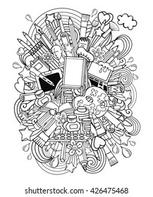 Artist tools,supplies doodle composition.Vector hand drawn artistic supplies,graffiti .Art salon,design studio ,poster template,tools,equipment.Vintage creative Illustration.Goods for artists shop