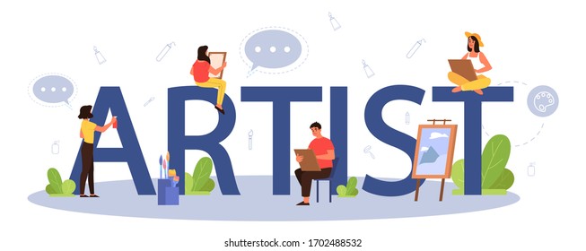 Artist typographic header concept. Idea of creative people and profession. Male and female artist standing in front of big easel, holding a brush and paints. Isolated flat vector illustration
