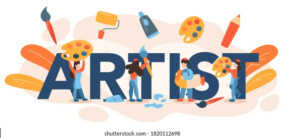 Artist typographic header. Idea of creative people and profession. Male and female artist standing in front of big easel or screen, holding a brush and paints. Isolated flat vector illustration