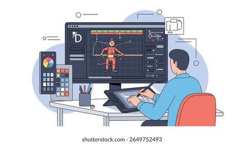 Artist using digital tools to create 3d animation and visual effects on computer software for film production