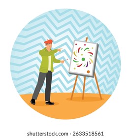 An artist wearing a beret engaged in painting on an easel, set against a vibrant zigzag background. Perfect for creative, artistic, and inspirational contexts. Drawing concept.