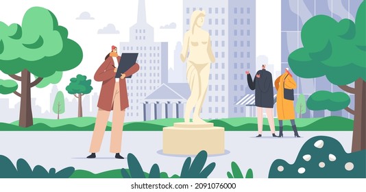 Artist Woman Painting in Park Making Sketch. Female Character Drawing on Plein Air in Public City Garden with Walking People, Trees and Sculpture, Creative Painter. Cartoon People Vector Illustration