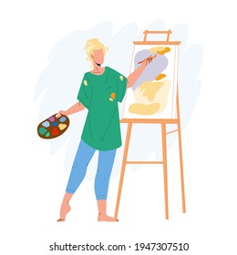 Artist Woman Painting Picture On Canvas Vector. Young Girl Artist Drawing And Creating In Studio With Brush And Paint. Character Artistic Painter Creativity Flat Cartoon Illustration