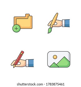 Artist work elements RGB color icons set. Empty computer folder. Add file to PC archive. Hand with paint brush. Creating artwork. Copy write. Image gallery. Isolated vector illustrations