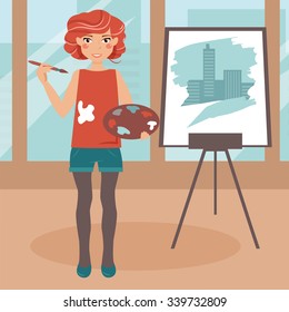 Artist at work. Hobby. Vector isolated illustration. Cartoon character. 