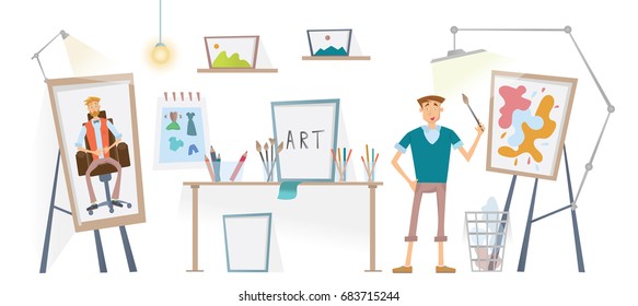The artist working in his Studio. Young man with the brush standing at the easel. Vector illustration.