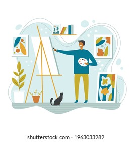 Artist working. Painter making creative illustration character holding colored brush freelancers decorator recent vector illustration background
