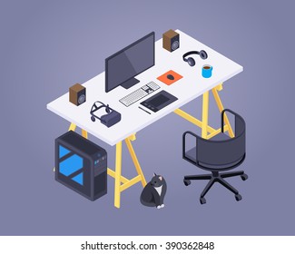 Artist workplace against the purple background. 3D isometric vector concept illustration