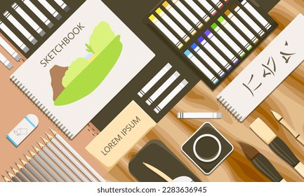 Artist workplace with painting and drawing supplies. Creativity poster of hobby brush draw. Colorful palette with oil and acryl paint. Professional artwork studio concept poster. Vector illustration