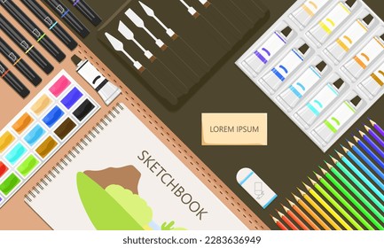 Artist workplace with painting and drawing supplies. Creativity poster of hobby brush draw. Colorful palette with oil and acryl paint. Professional artwork studio concept poster. Vector illustration