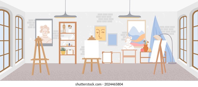 Artist workshop or art studio classroom interior with easels. Painter room with canvases and drawing tools, paints and brushes vector scene. Illustration of workshop art, classroom studio