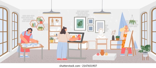 Artist workshop or art studio seminar lesson. Vector paint workshop, illustration of painter studio, drawing artist with easel, design paintbrush