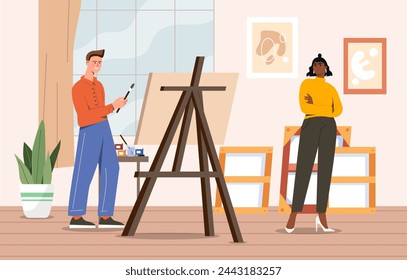 Artista en concepto de taller. Hombre con pincel y pinturas cerca de lona con modelo. Creatividad y arte. Desarrollo de habilidades creativas. Gente en el estudio. Ilustración de vector plano de dibujos animados