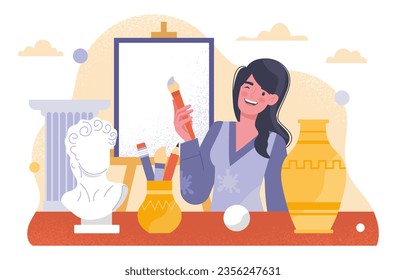 Artist at workshop concept. Young girl with brush near vases and bust. Creativity and art. Sculpture and pottery, painting. Education and learning. Cartoon flat vector illustration