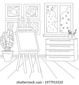Artist workshop, workspace, desktop coloring page for kids and adults, flat simple vector illustration