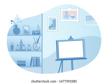 Artist workspace flat vector illustration. Professional painter workplace, art studio, school class. Empty room with painting equipment and blank canvas on easel. Paintbrushes and pictures on wall