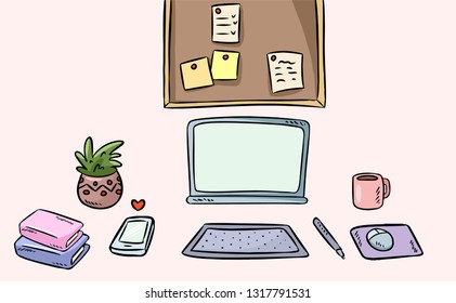 Artist workspace interior. Cartoon style freelance home office desk