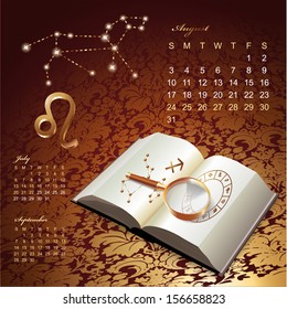Artistic 2014 daily calendar with zodiac signs and astrology design elements 