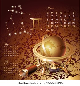Artistic 2014 daily calendar with zodiac signs and astrology design elements 