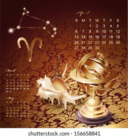 Artistic 2014 daily calendar with zodiac signs and astrology design elements 