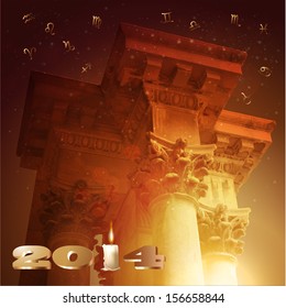 Artistic 2014 daily calendar with zodiac signs and astrology design elements 