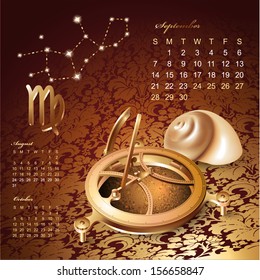 Artistic 2014 daily calendar with zodiac signs and astrology design elements 