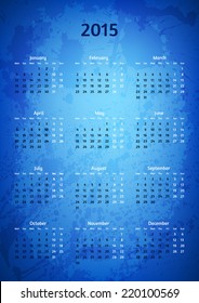 Artistic 2015 year vector calendar. Colorful and vivid, grunge stains. Blue variant