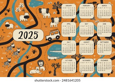 Artistic 2025 calendar with safari theme. Orange background with black illustrated animals, trees, and nature elements. Monthly grids with cute wildlife drawings for each month. Nice for kids designs