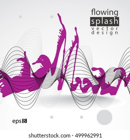 Artistic abstract airy colorful ink template, scanned and traced splashing decorative element. Rough grungy bright background.