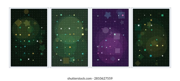 Artistic abstract backdrop with dotted grid. Showcases geometric shapes stars circles squares diamonds. Soft bokeh lighting creates atmosphere. Evocative digital art.