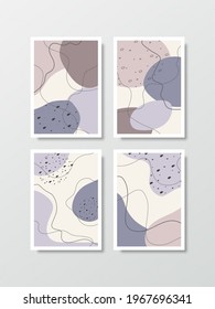 Artistic abstract background organized as an element set, with wavy shapes using mole purple tones and decorated with lines and dots. Each photo is A4 size.
