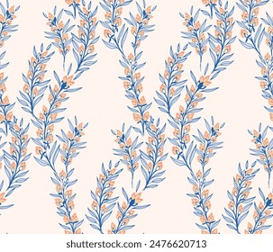 Artistic abstract blue branches with ditsy flowers, small buds and tiny leaves intertwined in a seamless pattern. Vector hand drawing. Creative wild floral stems printing on a beige background.