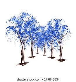 artistic abstract blue trees in bloom