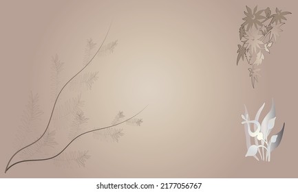 Artistic Abstract Botanical Vector Background Brown Gradient Luxury Wallpaper with Flowers, Grass and Silver Glitter. Minimal design for text, packaging and printing.