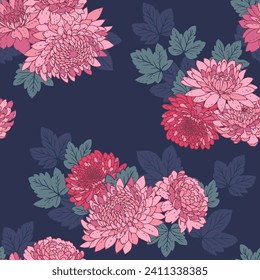 Artistic abstract bouquet flowers and leaves seamless pattern. Vector hand drawn. Elegance retro pink floral and leaf on a dark blue background. Stylized peonies, dahlias printing. Design for fashion