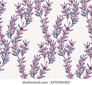 Artistic abstract branches with ditsy flowers buds and tiny leaves intertwined in a seamless pattern. Vector hand drawn illustration. Creative wild pink floral stems printing on a light background.