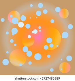 An artistic abstract composition featuring a variety of soft, light blue bubbles and translucent orange-pink orbs scattered across a warm, radial gradient background. The design evokes a sense of fluid motion, energy, and modern digital art, making it ideal for creative backdrops, wallpapers, or conceptual presentations.