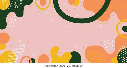 Artistic abstract design with bright colors, flowing shapes, dynamic lines and decorative dots on a soft background.