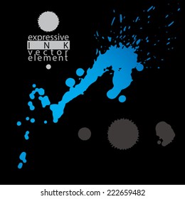 Artistic abstract dirty ink template, colorful scanned and traced splashing decorative element. Rough grungy dark background.