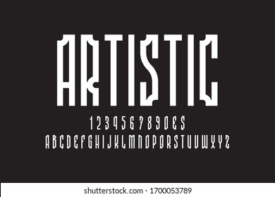 Fuente de visualización abstracta artística en el antiguo estilo clásico mínimo. Letras blancas, números y signos monetarios. Elegante alfabeto inglés. Letras creativas vectoriales.